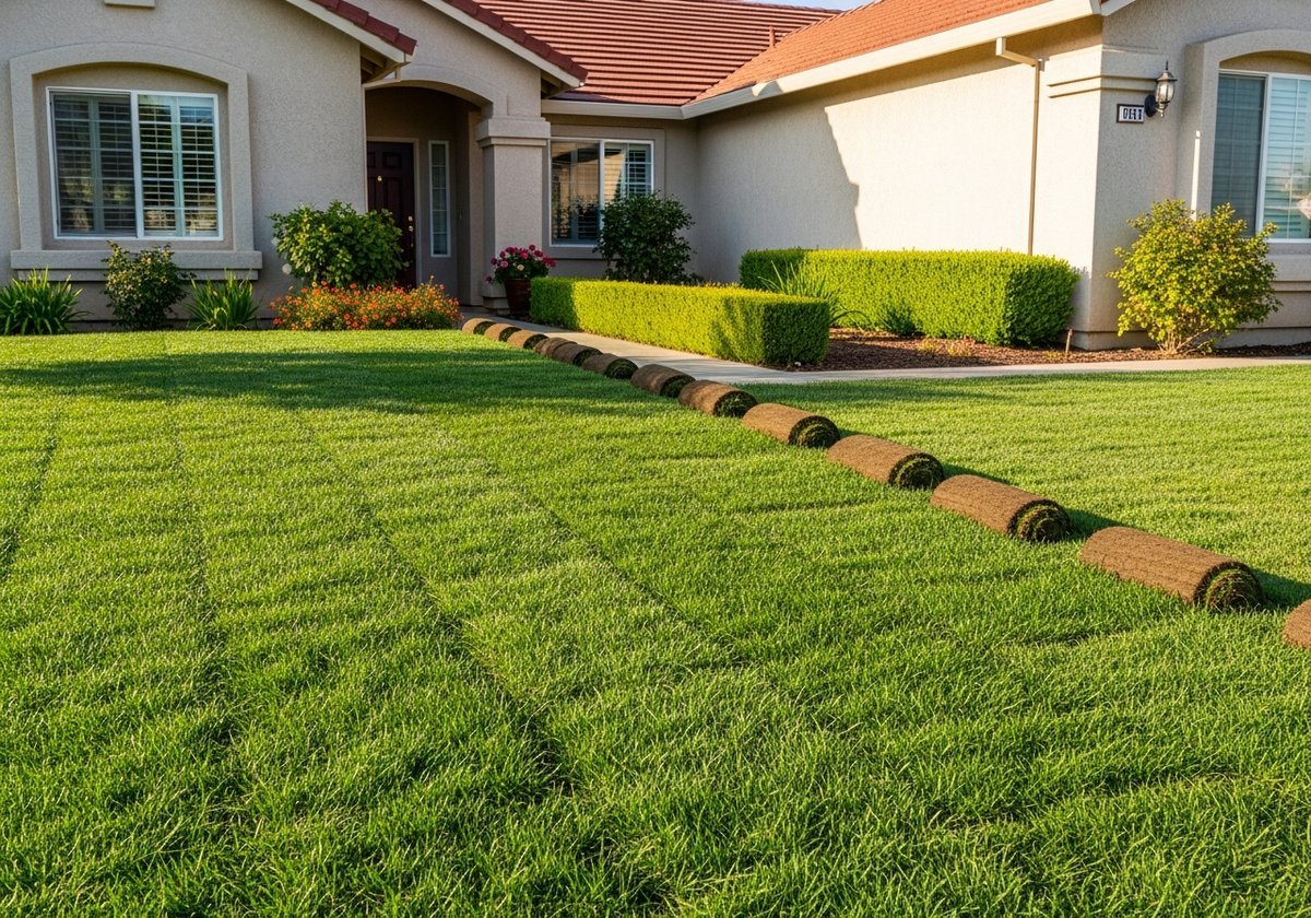 Side-by-side comparison of tall fescue and Bermuda grass textures in a sunny yard