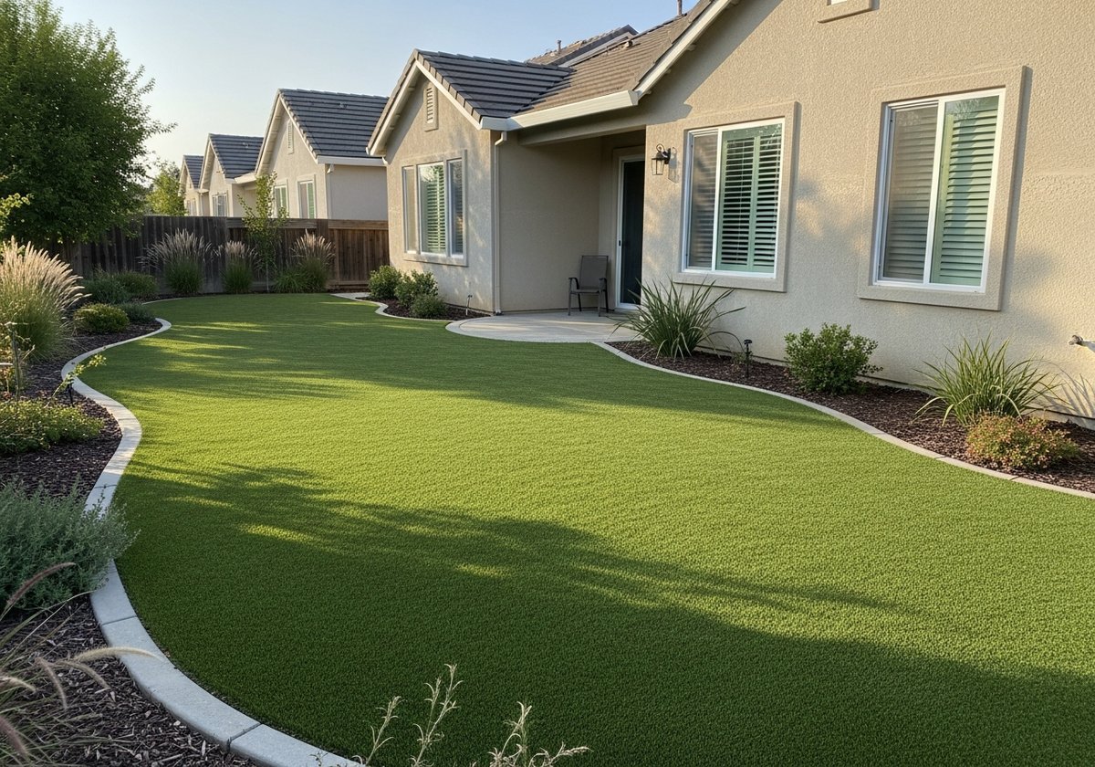 Dog playing on artificial turf in a Modesto backyard