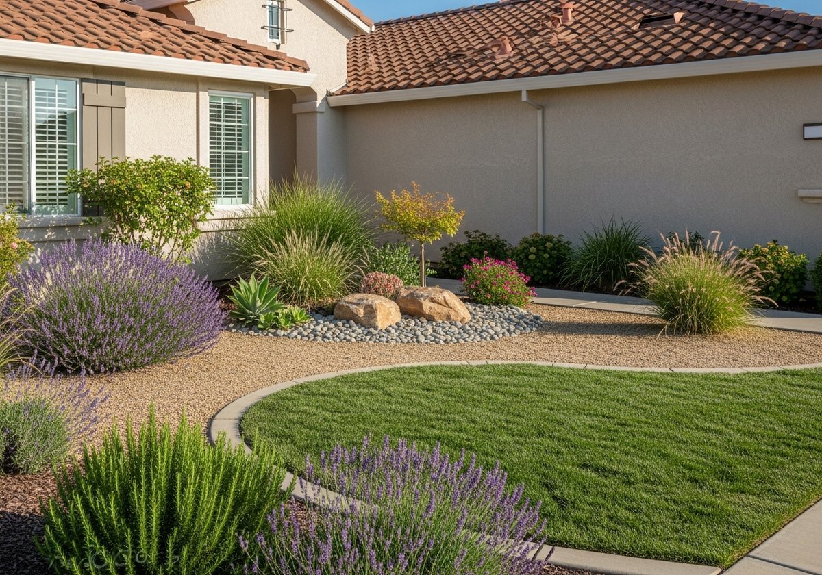 Drought-tolerant landscaping in Modesto with native plants and low-water lawn.