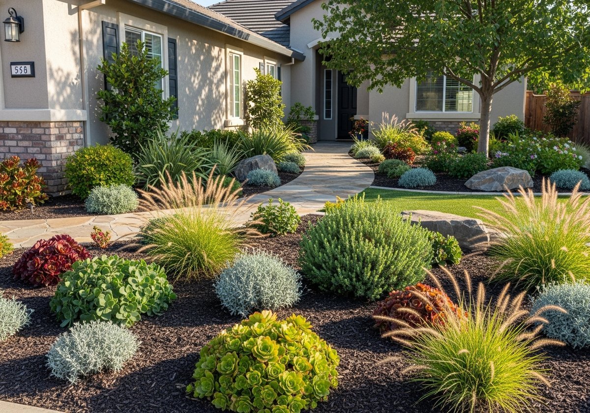Drought-tolerant front yard design with native plants in Modesto