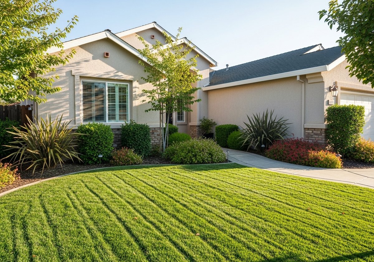 Healthy green lawn in the Village One neighborhood of Modesto during fall.