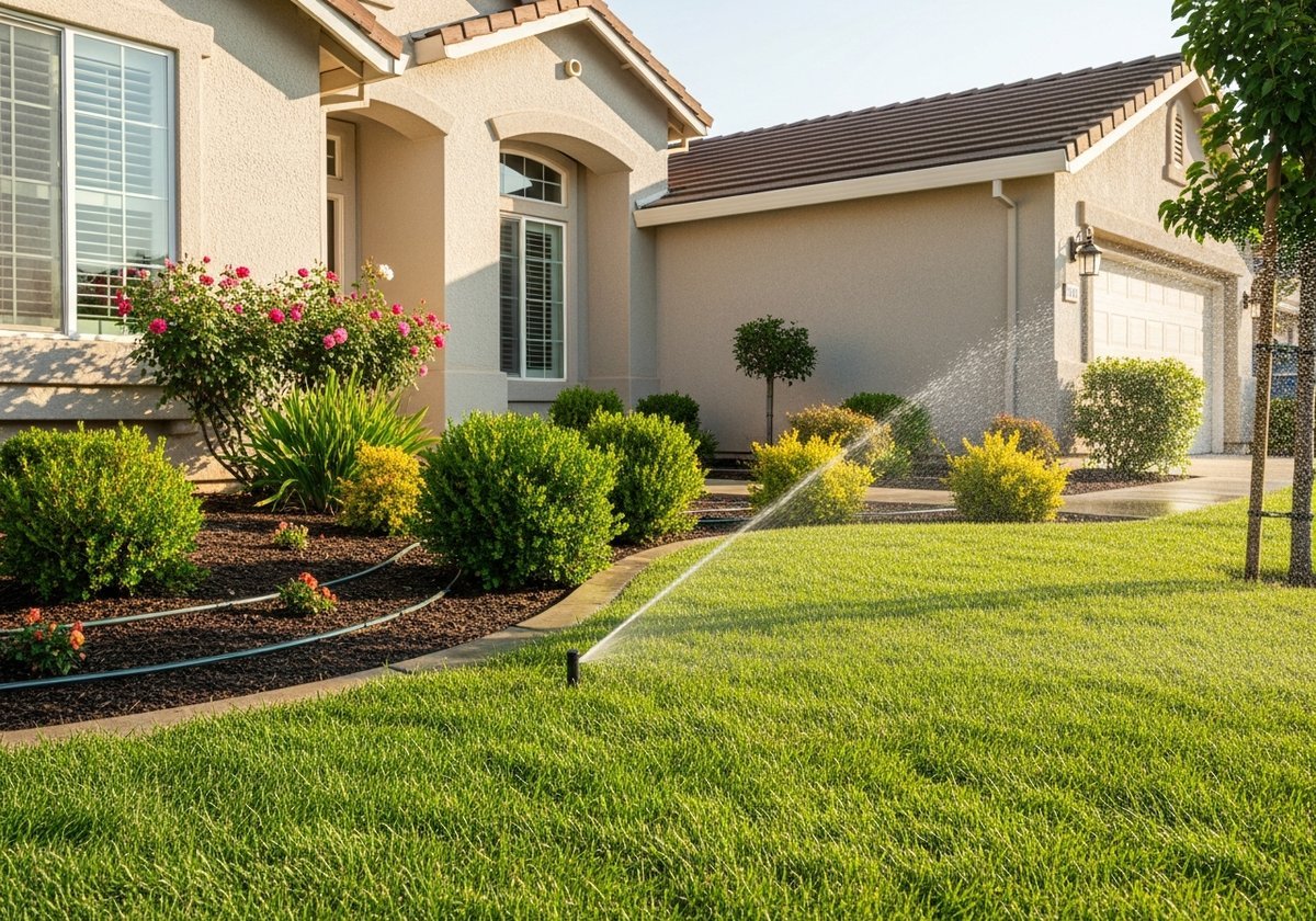 Efficient sprinkler system in Modesto backyard during summer
