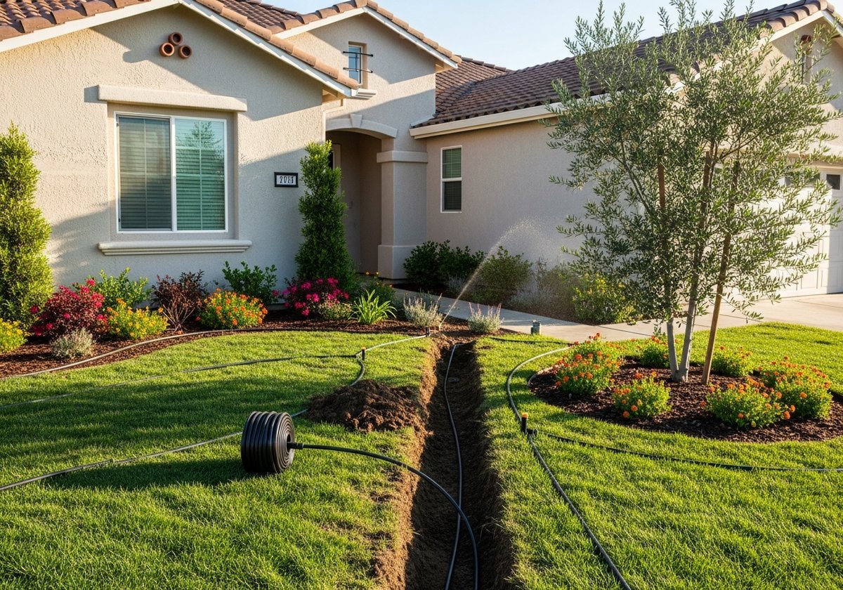 Irrigation system watering a Modesto backyard in summer.