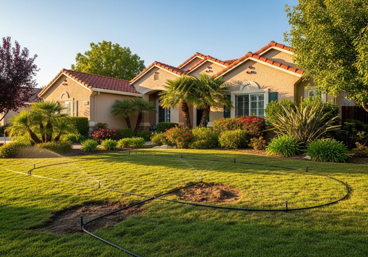 Sprinkler system watering a Modesto lawn in summer heat.
