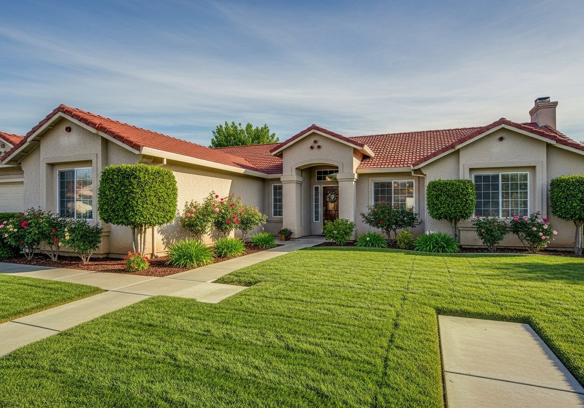 Healthy green lawn in Modesto during summer heat.
