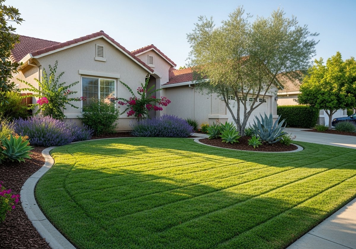 Healthy green lawn in Modesto during a hot summer day.