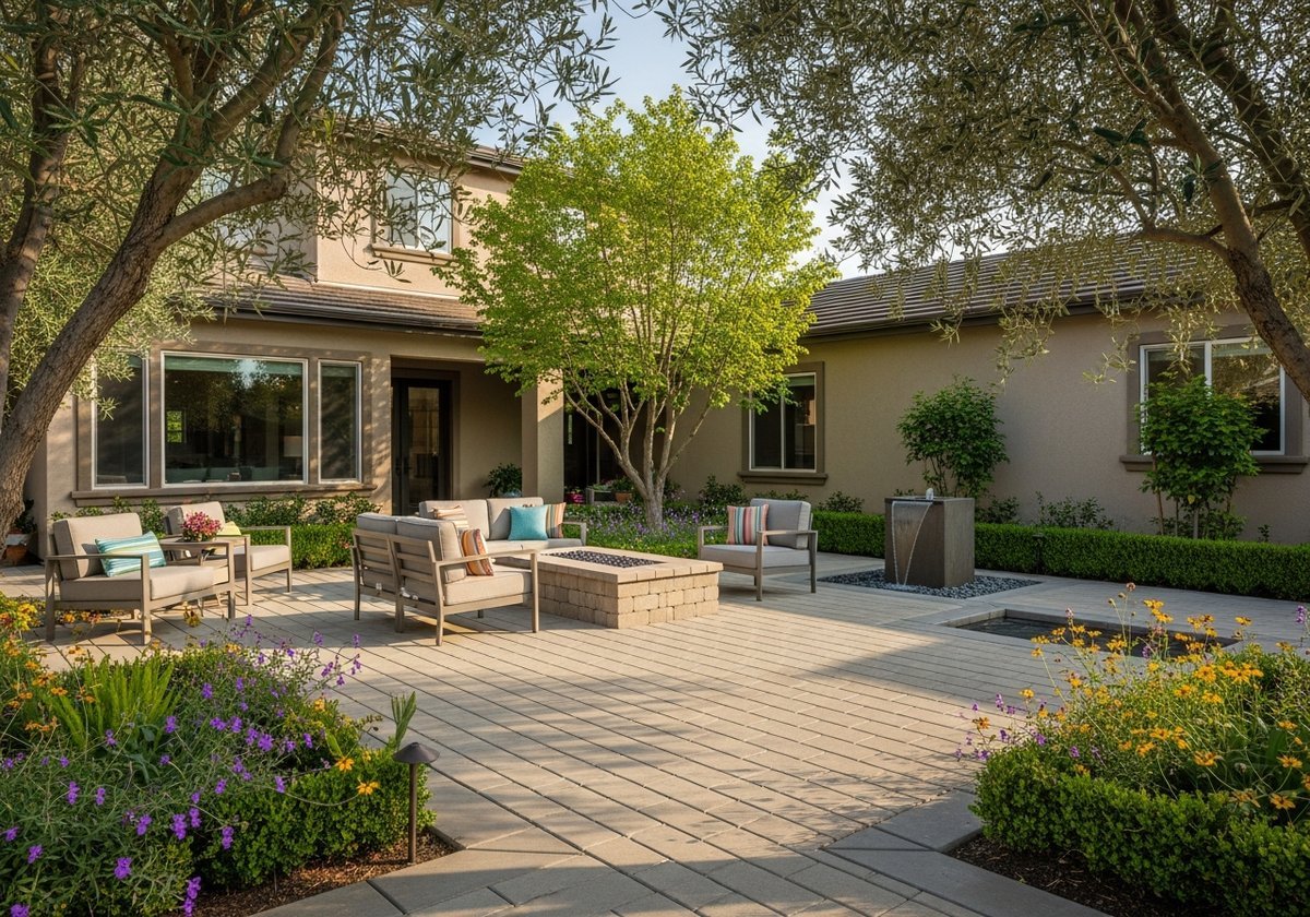 Modern concrete patio design in a Modesto backyard.