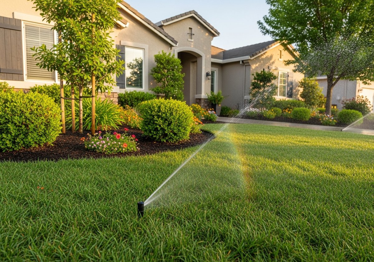 Lawn sprinklers running at sunrise over a green residential front yard