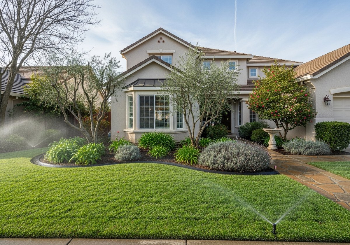 A healthy green lawn in Modesto during winter with light morning dew.