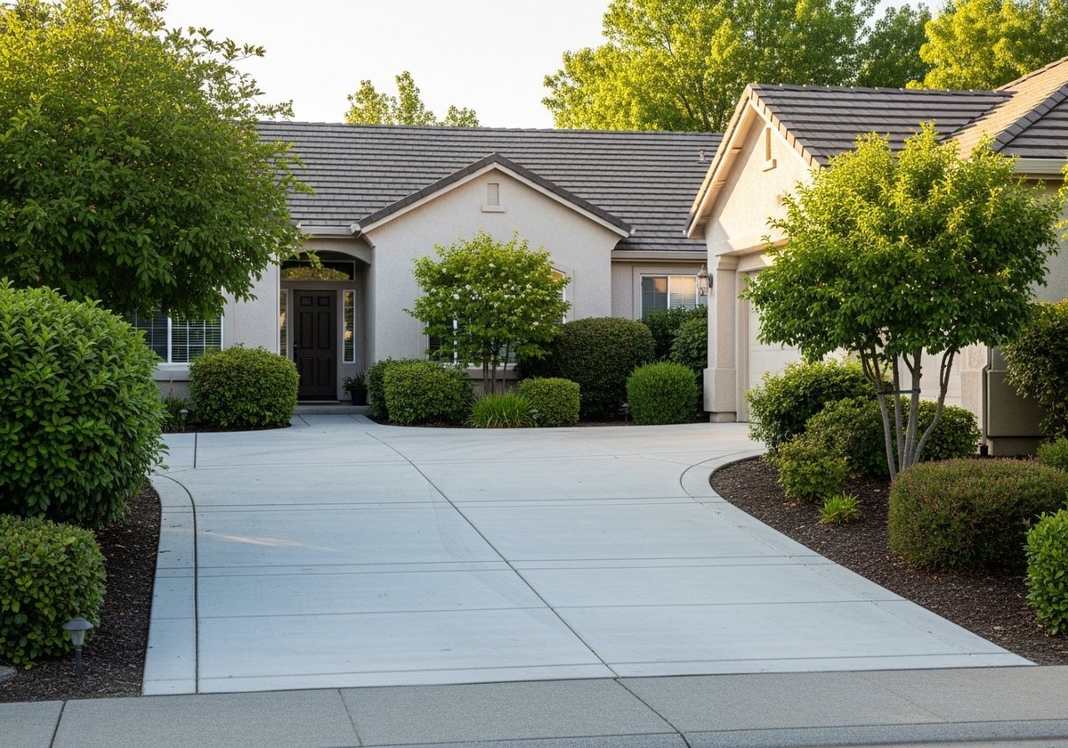 Riverbank driveway with pavers and landscaping.