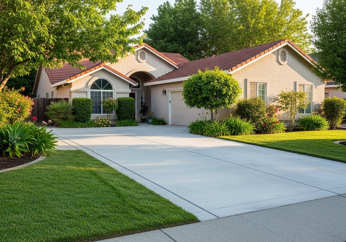 Freshly installed concrete driveway in Riverbank, CA.