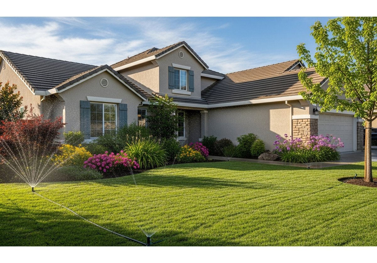 Sprinkler system installation in Riverbank backyard with lush green lawn.
