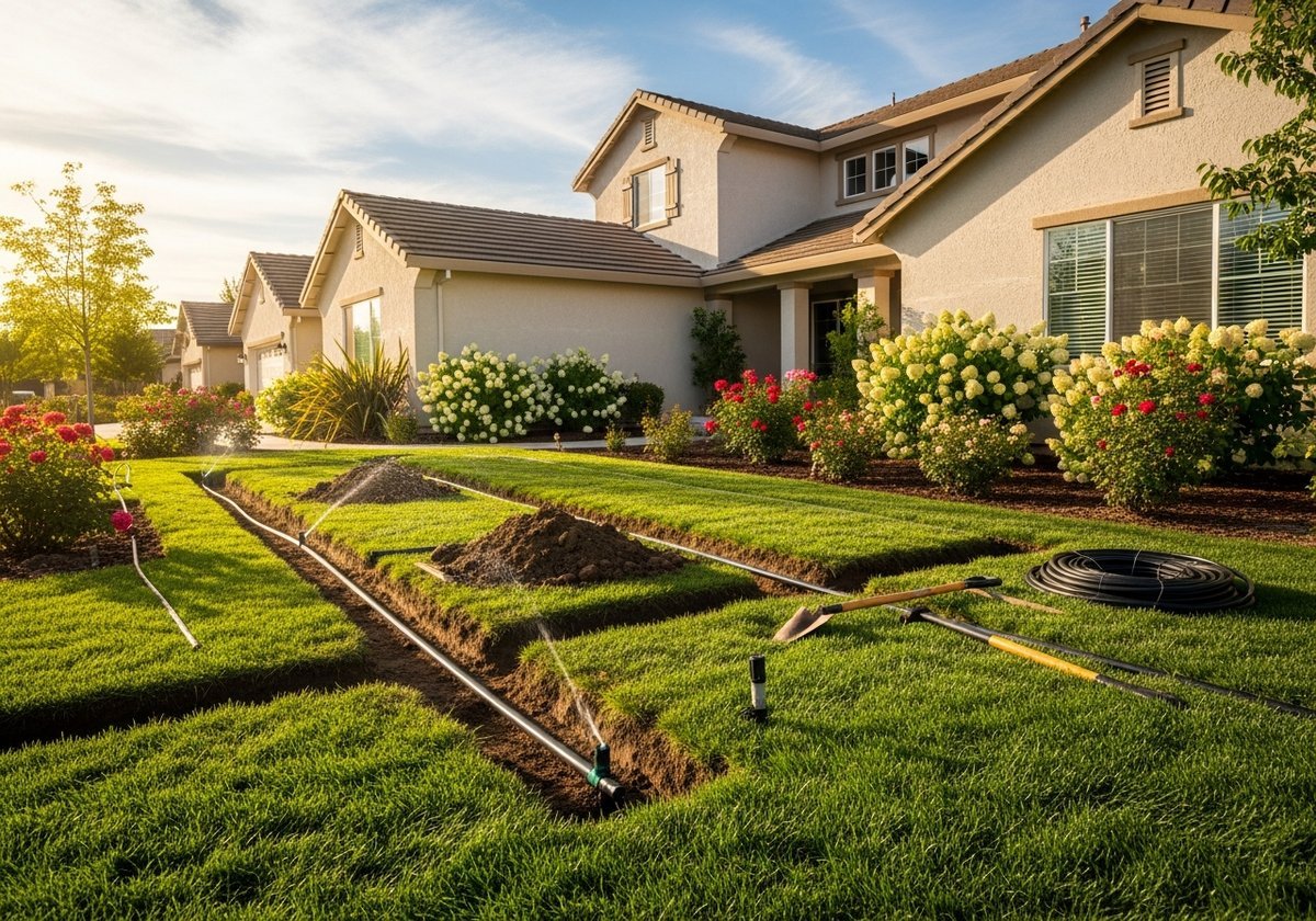 Sprinkler system operating in a Riverbank backyard near the Stanislaus River