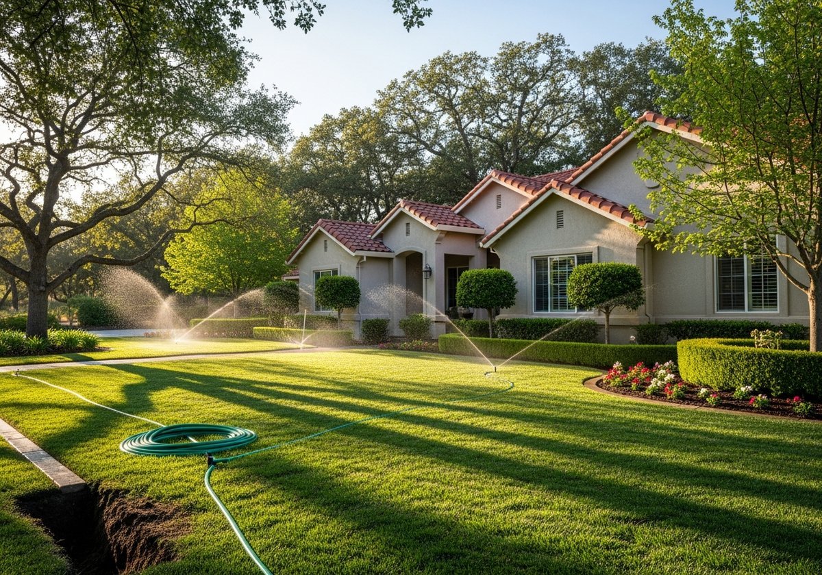 Modern sprinkler system installation in a Riverbank backyard with lush green grass.