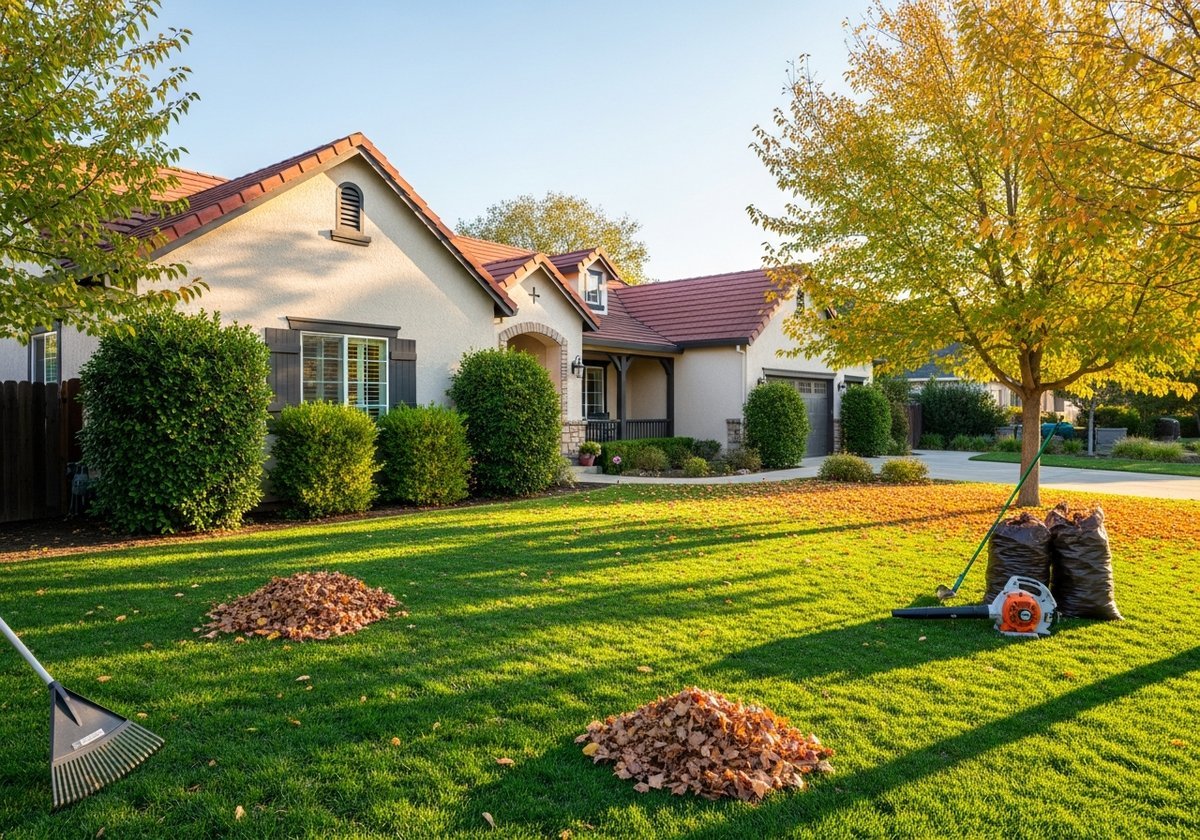 Lush green lawn in Riverbank, CA during fall season.