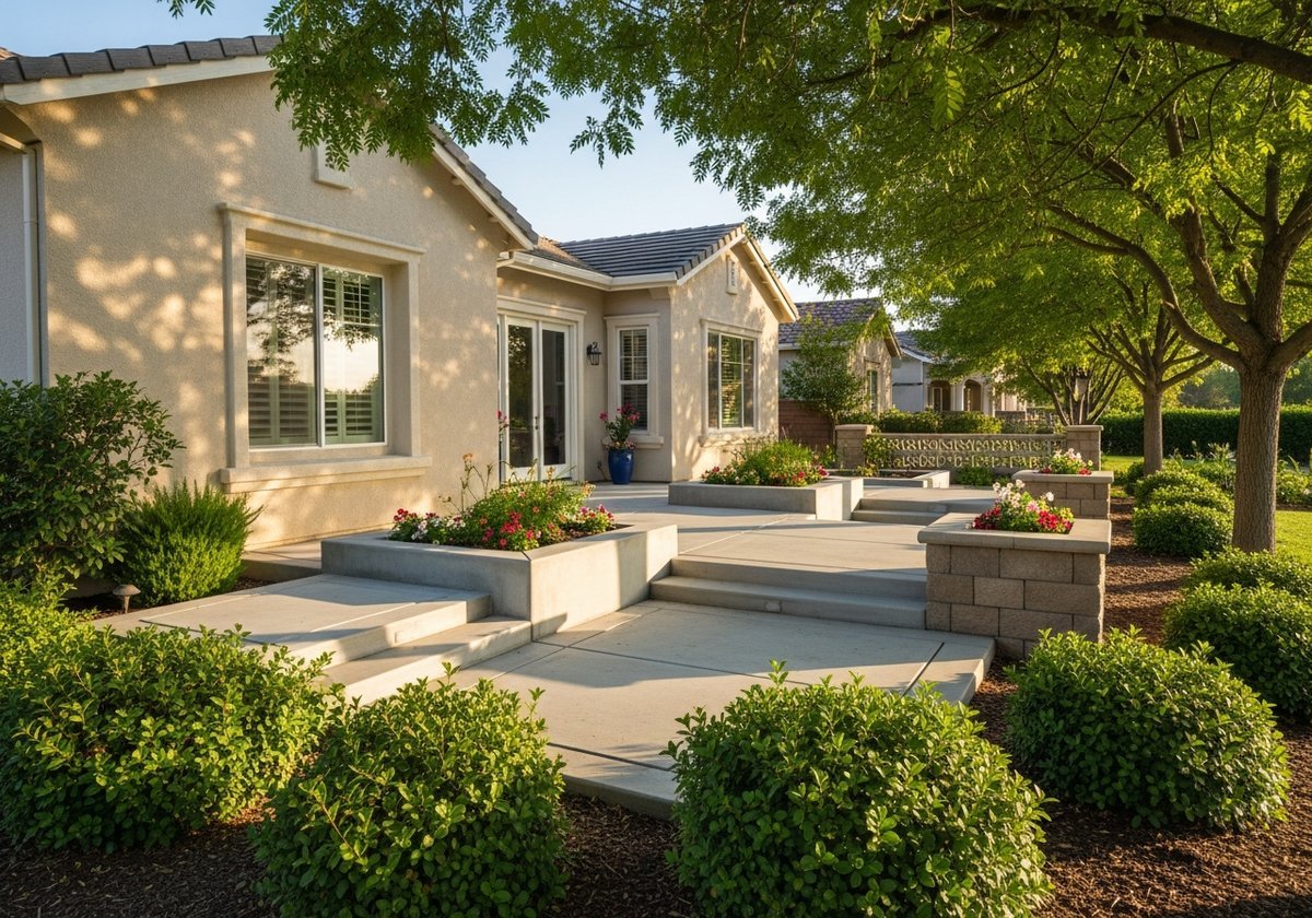 A modern concrete patio in Riverbank with seating and shade.
