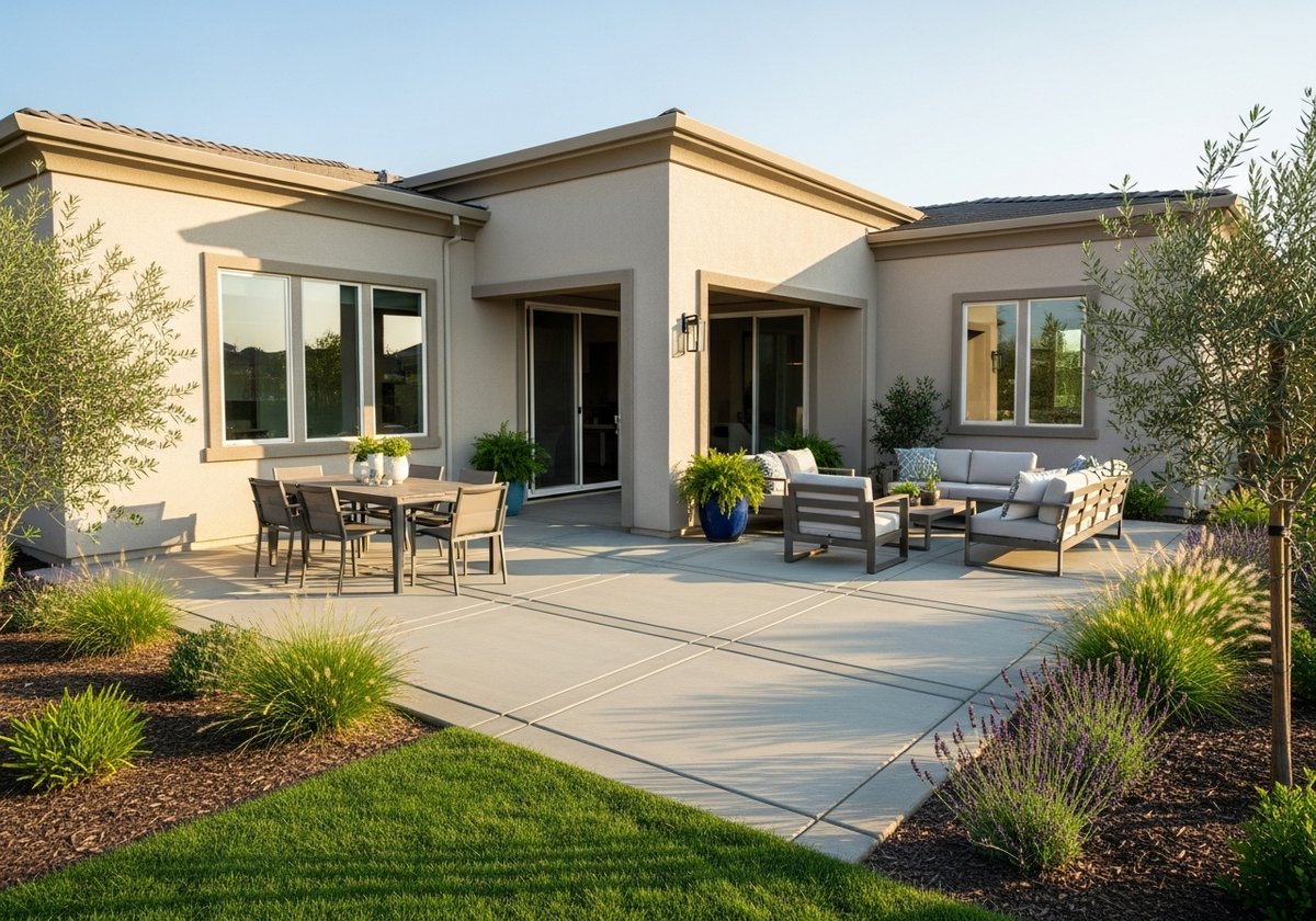 Modern concrete patio in Riverbank with outdoor seating and landscaping.