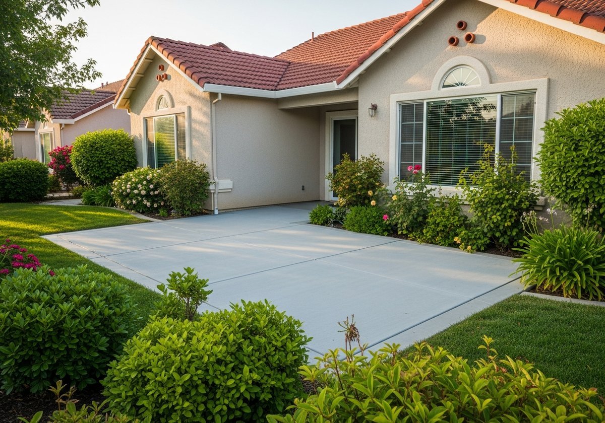 Newly installed concrete patio in Riverbank backyard with stamped finish.