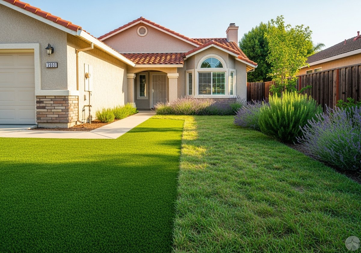 Freshly installed artificial turf in a Salida backyard in summer.