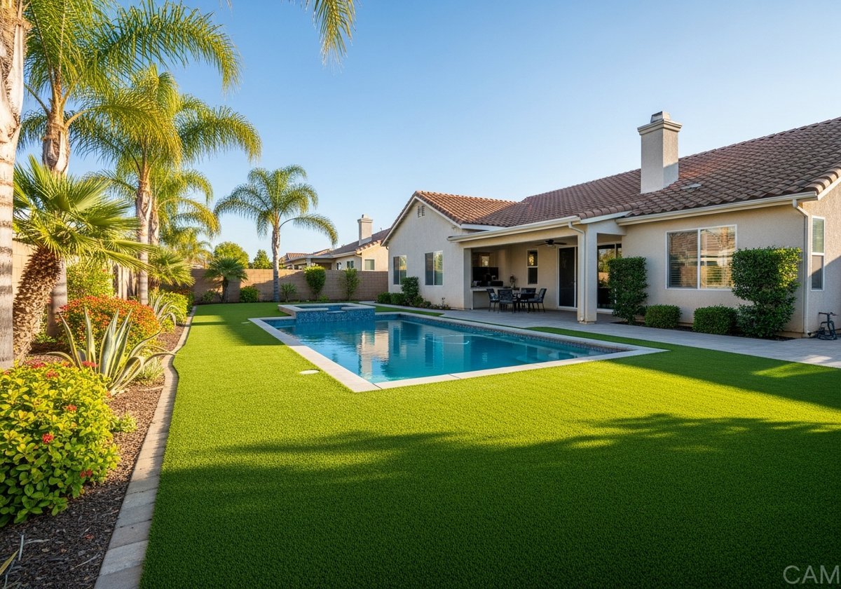 Freshly installed artificial turf around a pool in Salida, CA