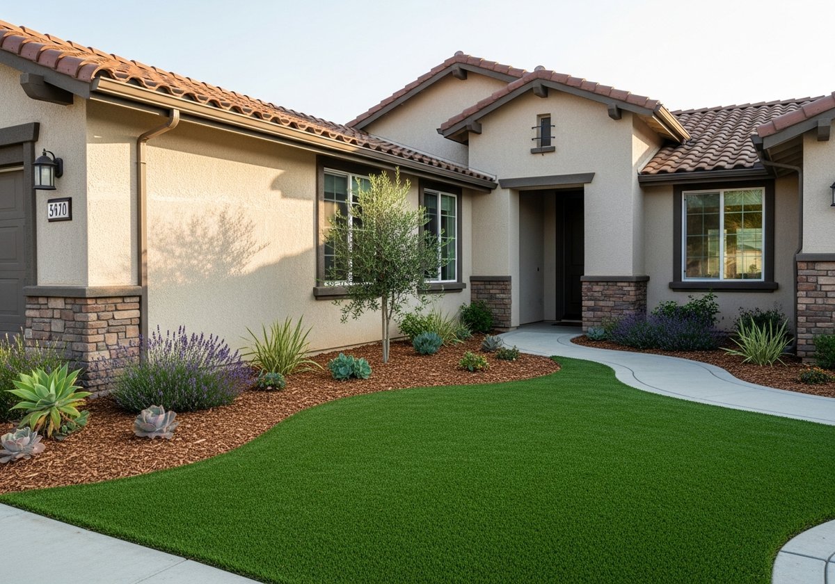 Freshly installed artificial turf in a small Salida yard with clean edges and vibrant green blades.