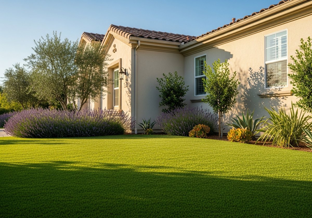 Artificial turf lawn in a sunny Salida backyard with shade and clean blades.