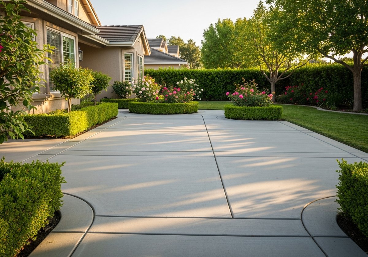 Concrete patio in a Salida backyard with furniture and landscaping.