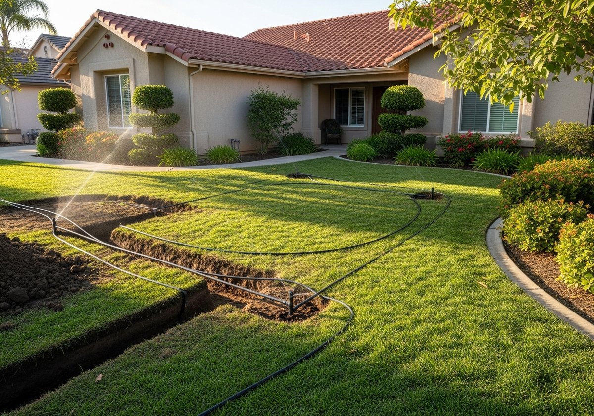 Newly installed irrigation system in a Salida backyard.