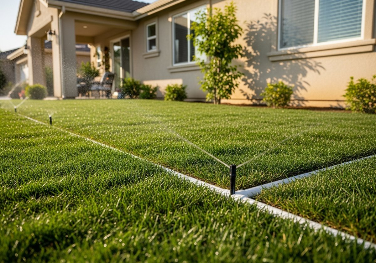 Newly installed irrigation system watering a lush lawn in Salida.