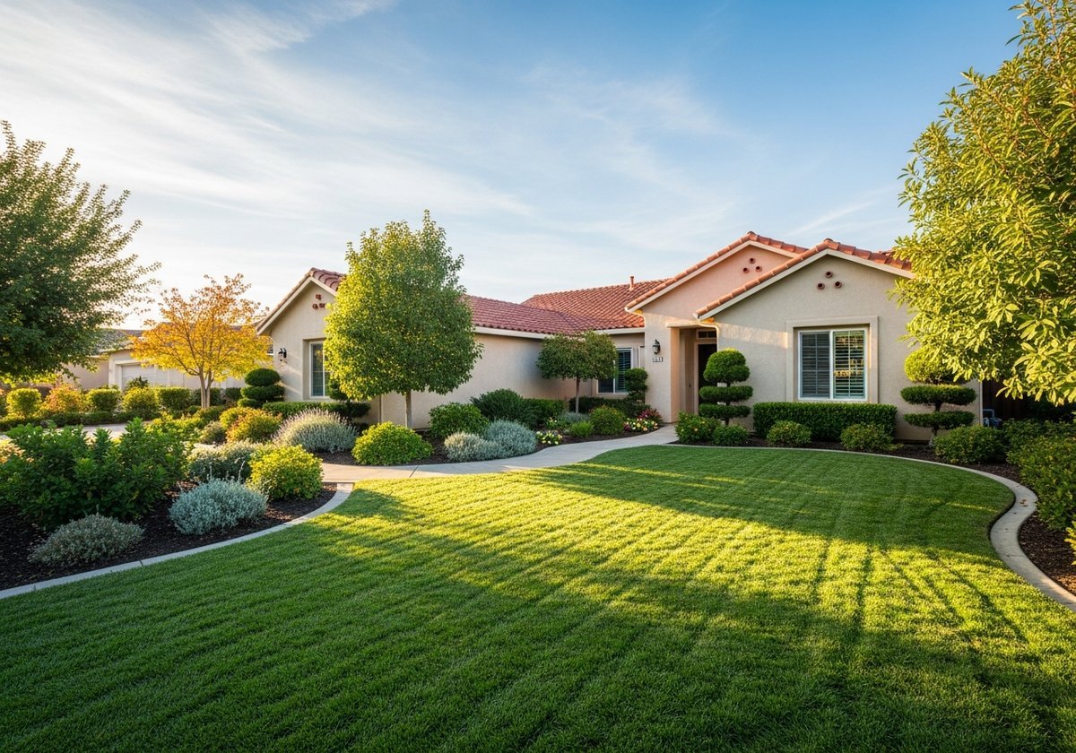 Winter-ready lawn in Salida, CA surrounded by Kiernan neighborhood homes.
