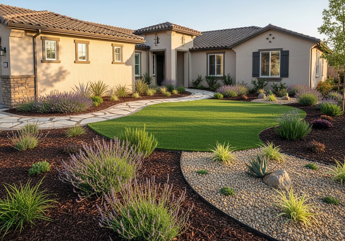 A low-maintenance lawn in Salida, California with drought-tolerant plants