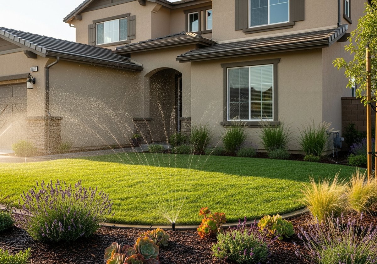 Professionally installed sprinkler system in a lush Salida backyard.