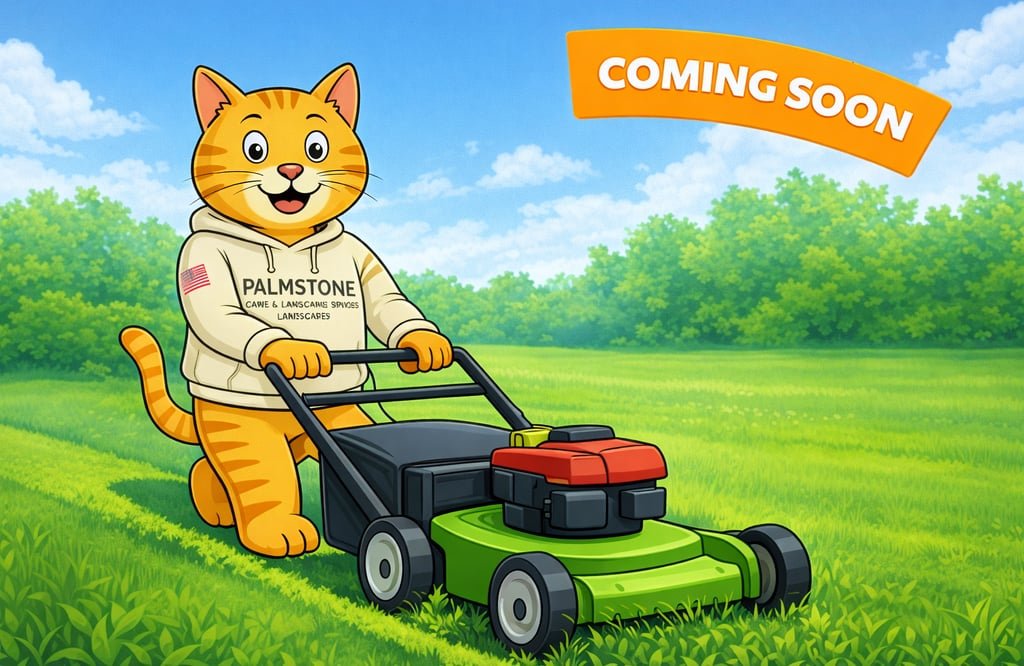 Palmstone cat mascot with lawn mower — Client Portal coming soon