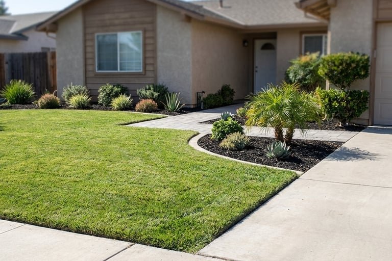 Professional lawn maintenance in a Turlock yard