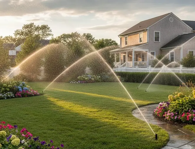 Sprinkler zone running across a Ripon front lawn